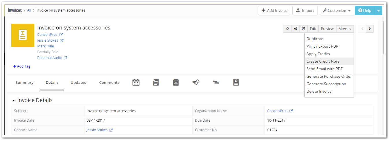 Credit notes from invoice