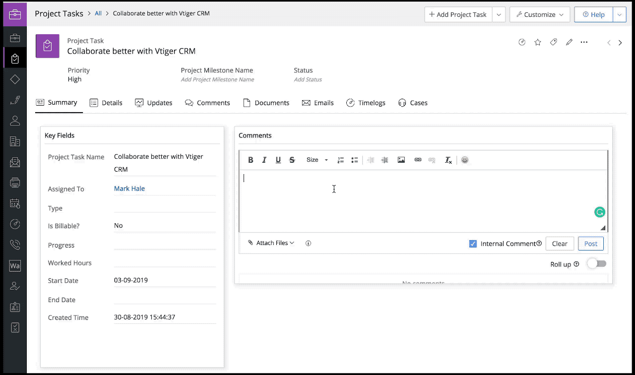 @mentions, Collaboration, CRM, Features, Vtiger, Sales manager
