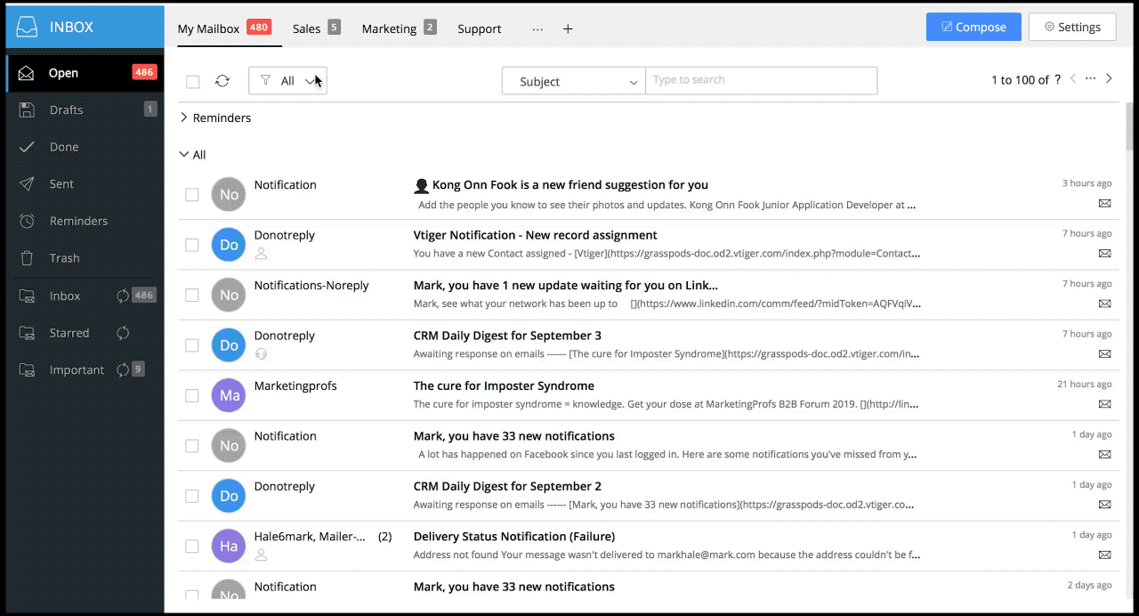 Group Mailbox, Shared mailbox, Sales managers, Vtiger, CRM, features