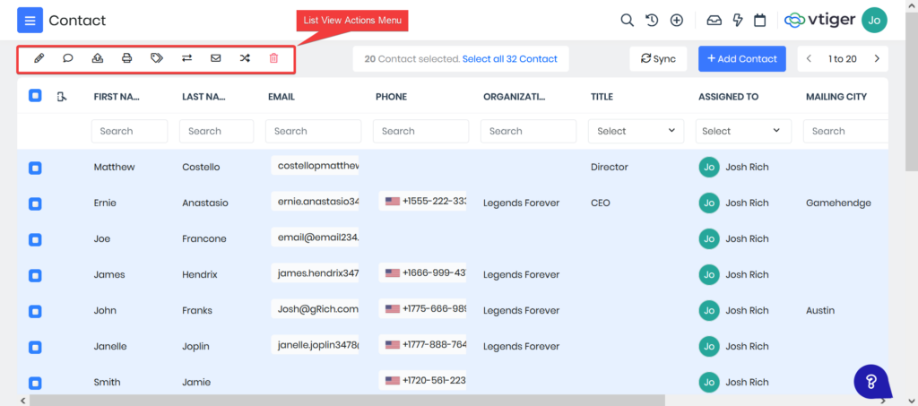 List View Actions Menu