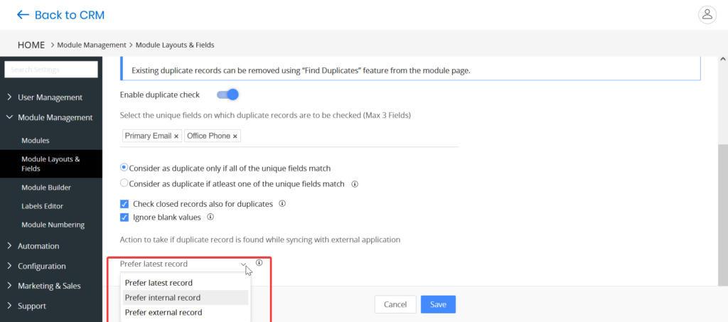 Big Little Things Duplicate Prevention (Image 8, Actions on Duplicates during sync)