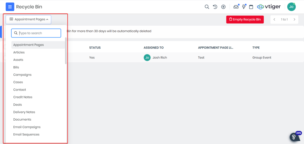 Recycle Bin Module Selection