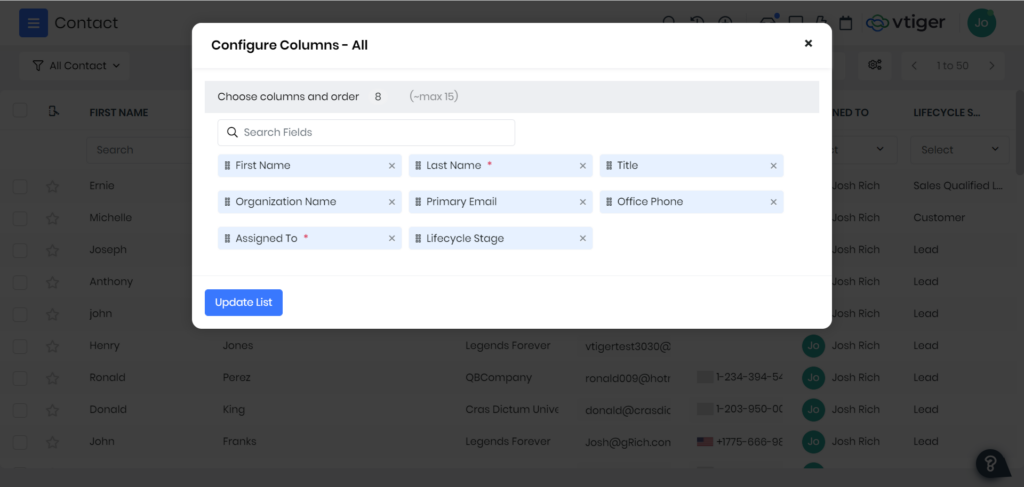 Manage Columns Feature