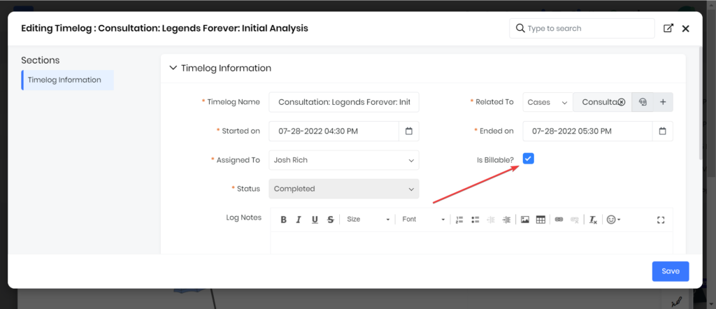Setting a Timelog as Billable